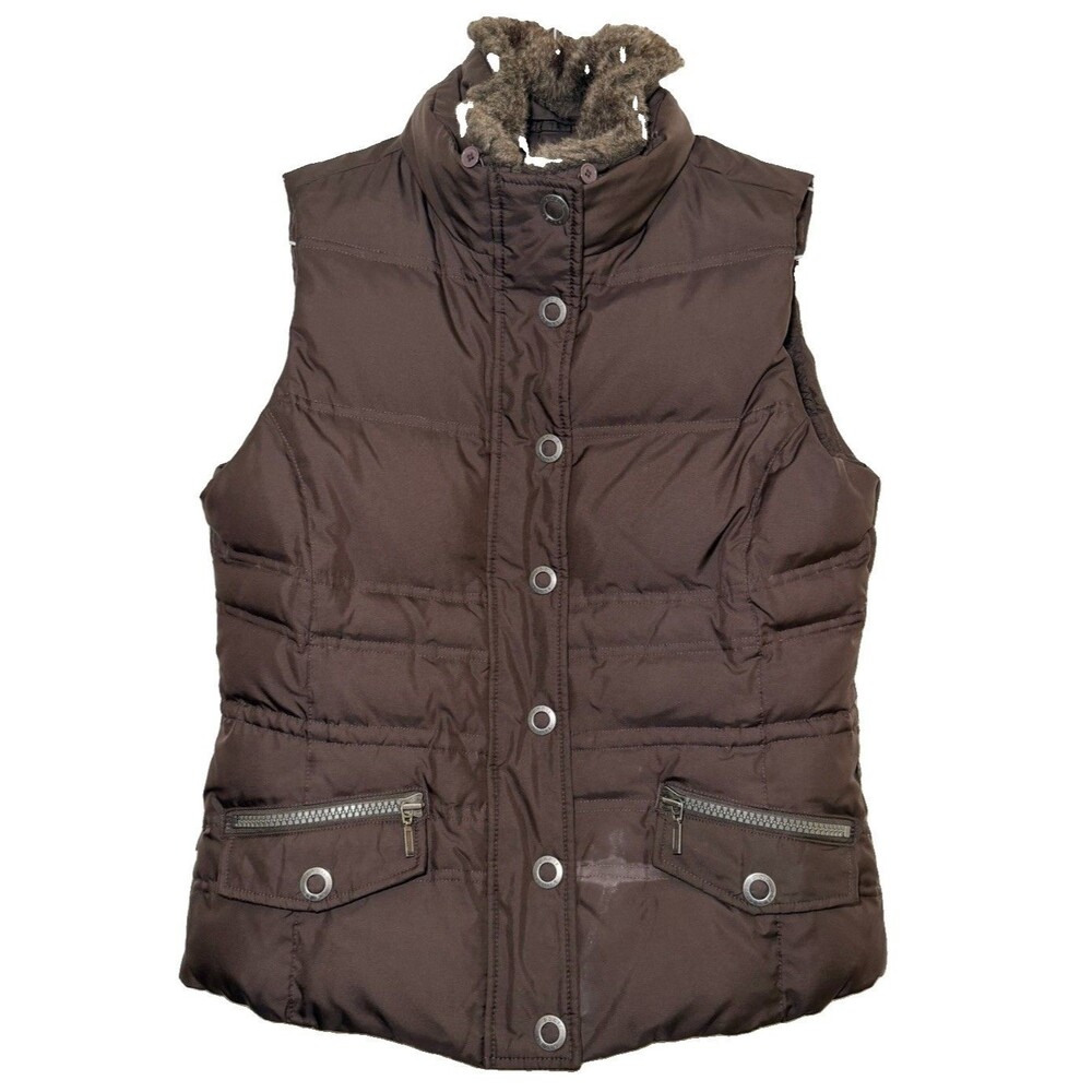 Eddie Bauer Women’s M Brown 700 Fill Goose Down Puffer Vest Faux Fur Collar